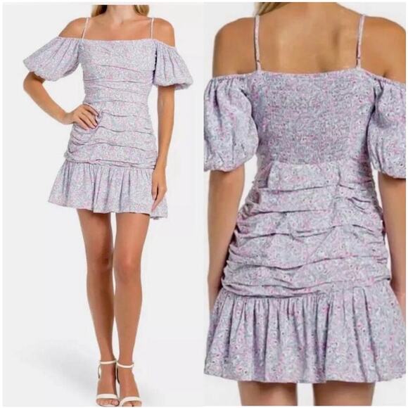 ASTR The Label Blue Pink Ditsy Floral Off-Shoulder Ruched Mini Dress Size M - Picture 1 of 8